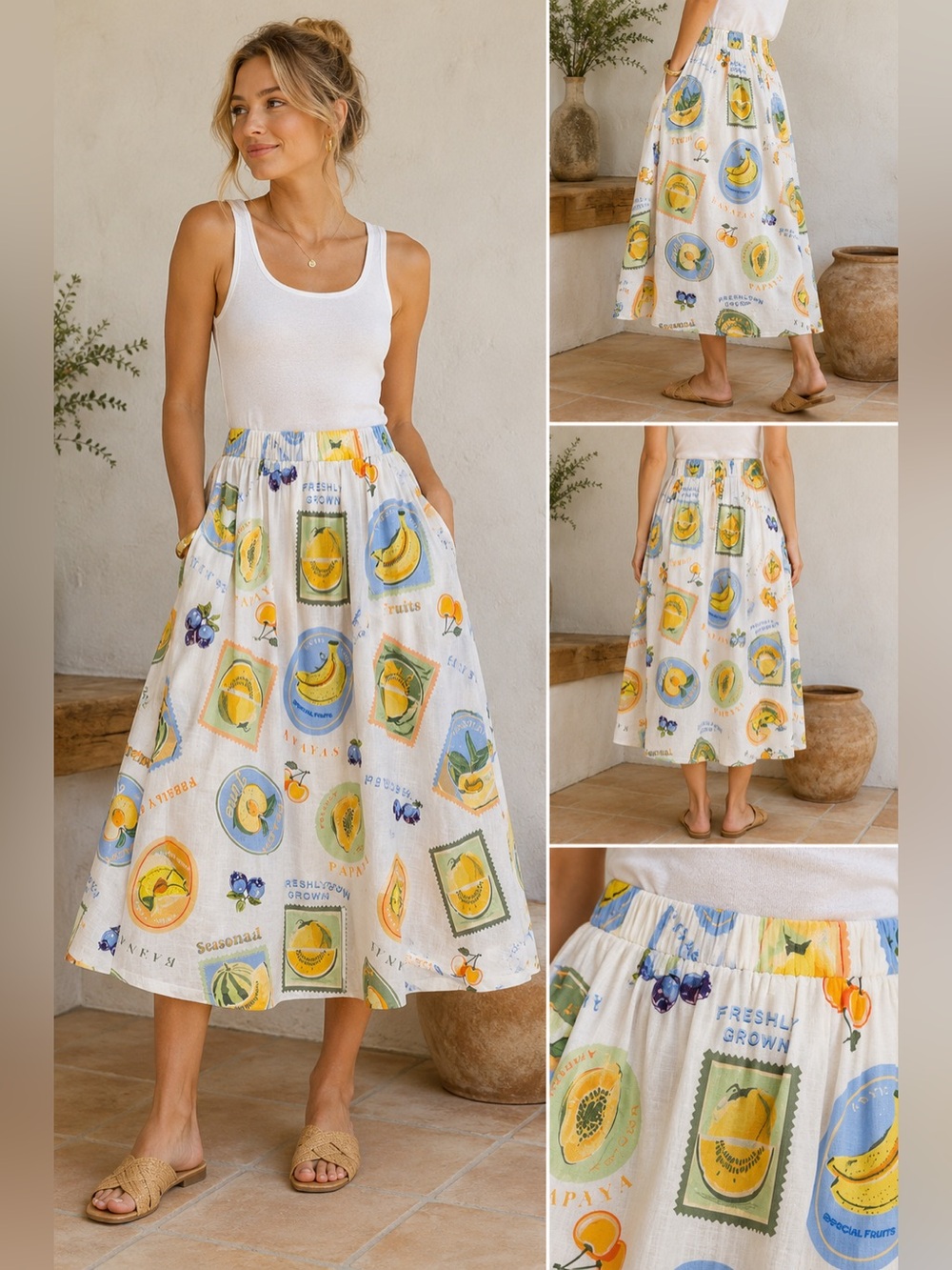 NWT Prosperina Fruit Print Linen Cotton Midi Skirt Medium Cottagecore Summer